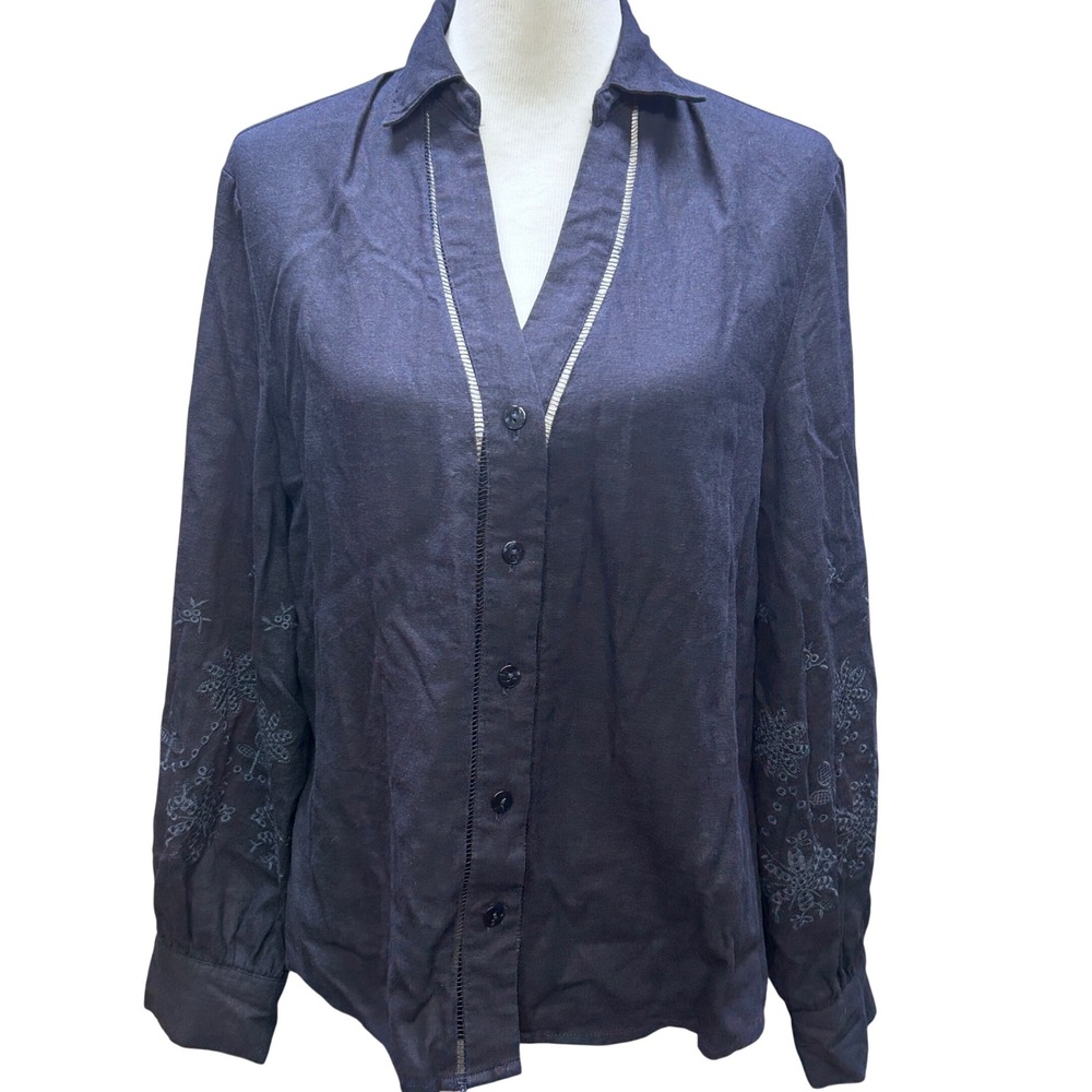 Tahari Linen Blend Blouse Women Large Navy Blue Embroidered Sleeve Coastal Boho